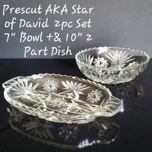 2pc Star of David AKA Prescut 2 Part 10" Dish & 7 1/4" Bowl by Anchor Hocking